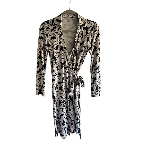 Diane von Furstenberg DVF Chain Link Wrap Dress Black White Silk Jersey XS/Small - Picture 2 of 5